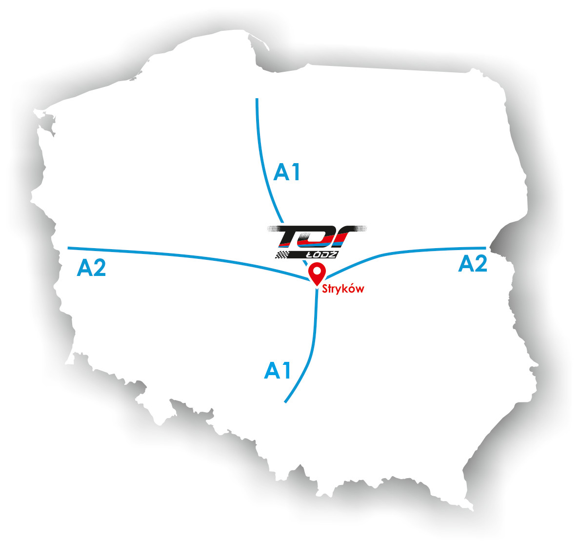 Toru Łódź w centrum Polski, skrzyżowanie autostrad A1 i A2, węzeł autostradowy w Strykowie